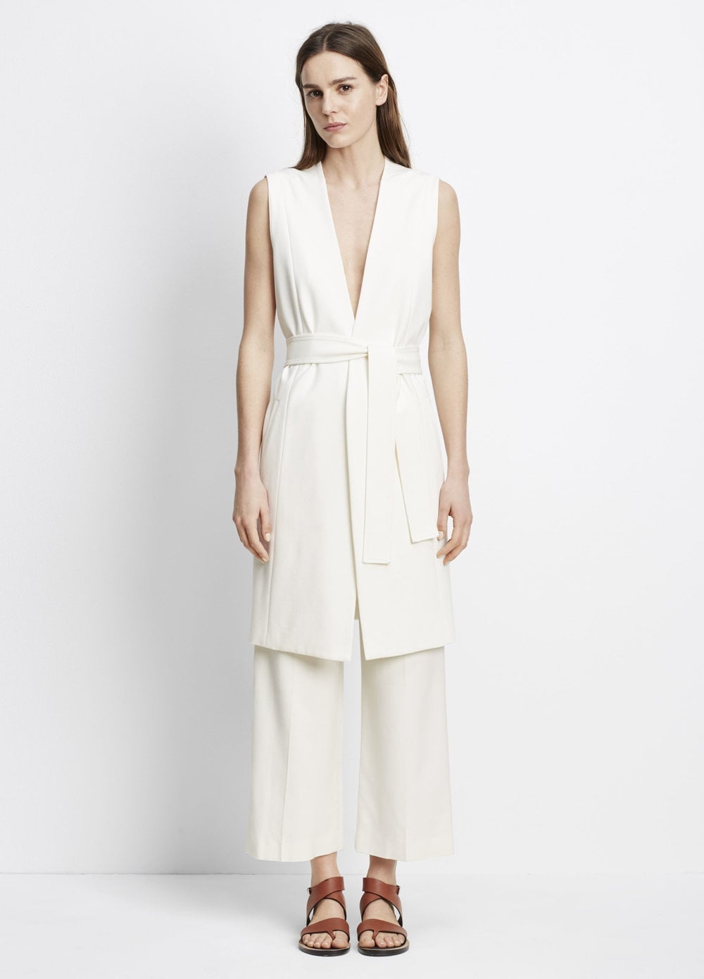 Longline Belted Vest with Wide Leg Trousers, Close-Up Take Longline Belted Vest with Wide Leg Trousers, Close-Up Take — White Vest Outfit