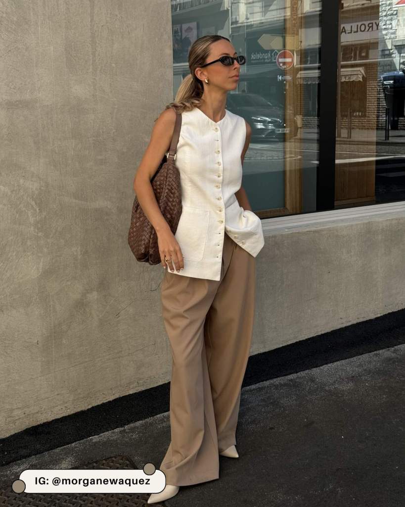 Relaxed White Vest with Beige Wide Leg Trousers Relaxed White Vest with Beige Wide Leg Trousers — White Vest Outfit
