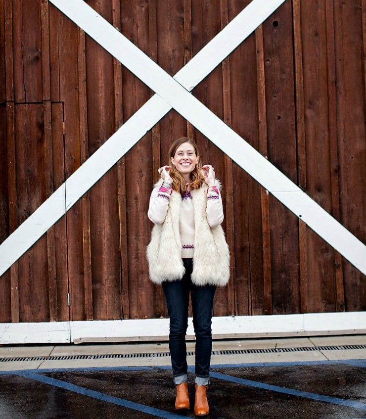 Cream Faux Fur Vest Over Sweater with Dark Jeans Cream Faux Fur Vest Over Sweater with Dark Jeans — White Vest Outfit