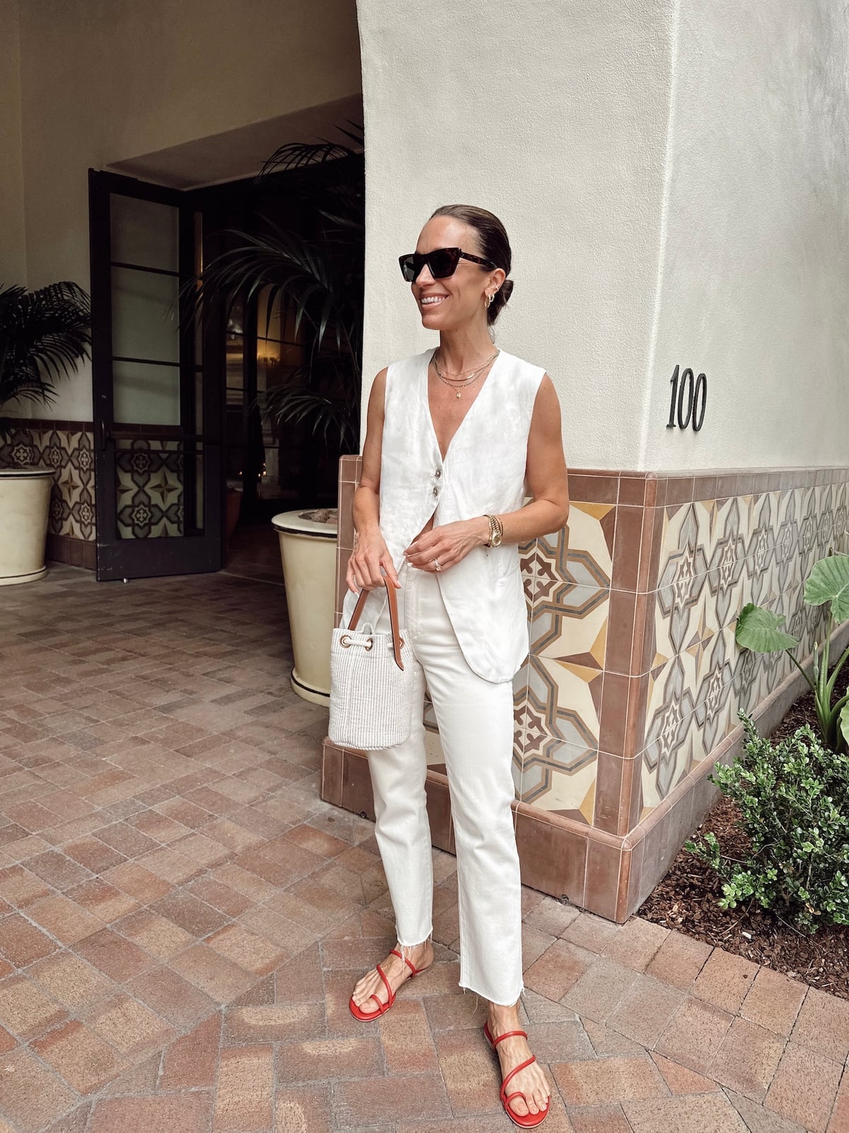Monochromatic White Vest and Pants with Red Sandals Monochromatic White Vest and Pants with Red Sandals — White Vest Outfit