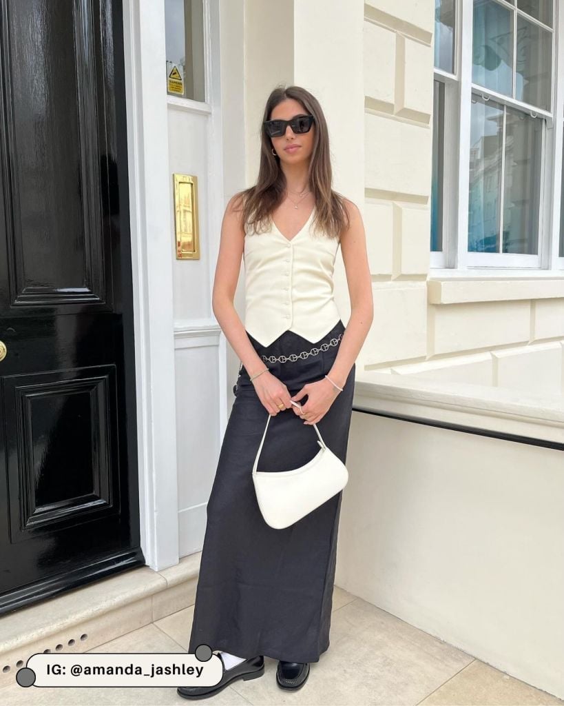 White Button-Up Vest with Black Maxi Skirt White Button-Up Vest with Black Maxi Skirt — White Vest Outfit
