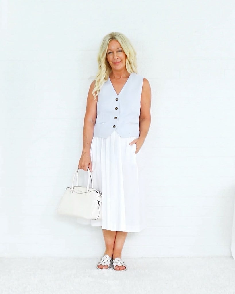 Pale Blue Vest Over White Pleated Skirt Pale Blue Vest Over White Pleated Skirt — White Vest Outfit