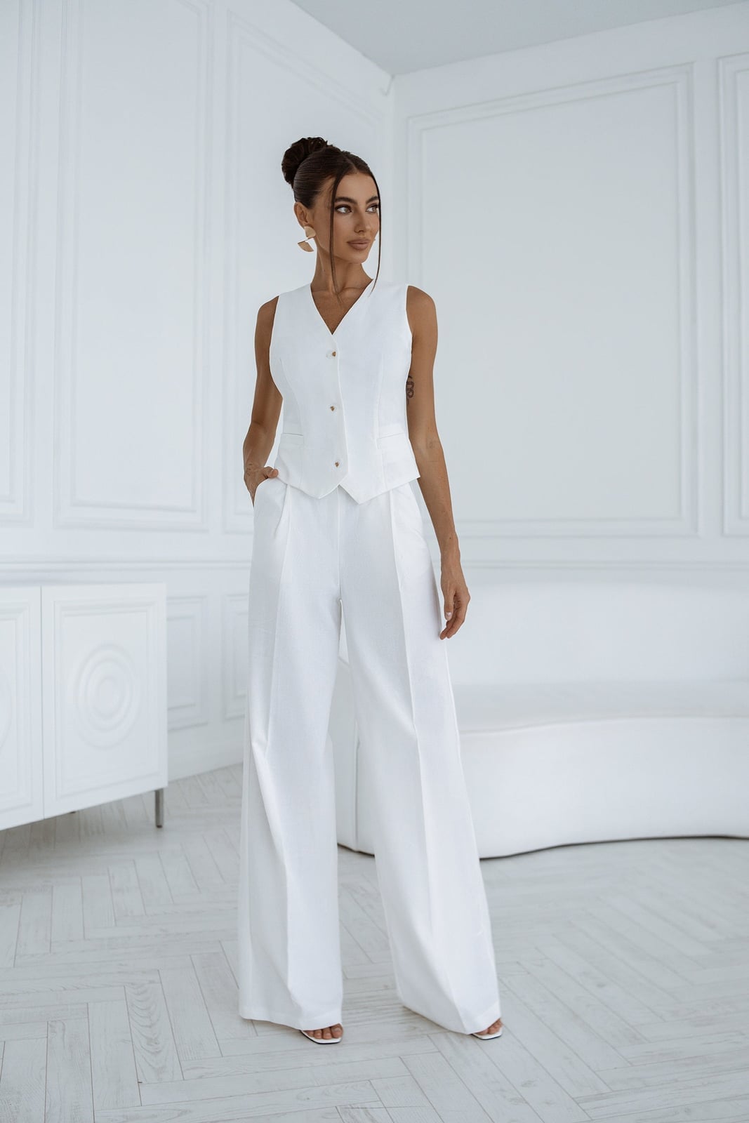 All White Tailored Vest and Wide Leg Trousers All White Tailored Vest and Wide Leg Trousers — White Vest Outfit