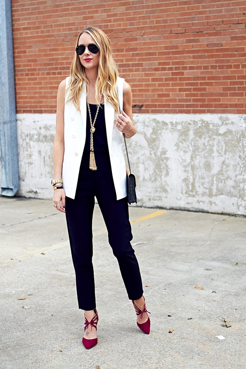 White Vest Over Black Jumpsuit for Evening With Burgundy Heels White Vest Over Black Jumpsuit for Evening With Burgundy Heels — White Vest Outfit