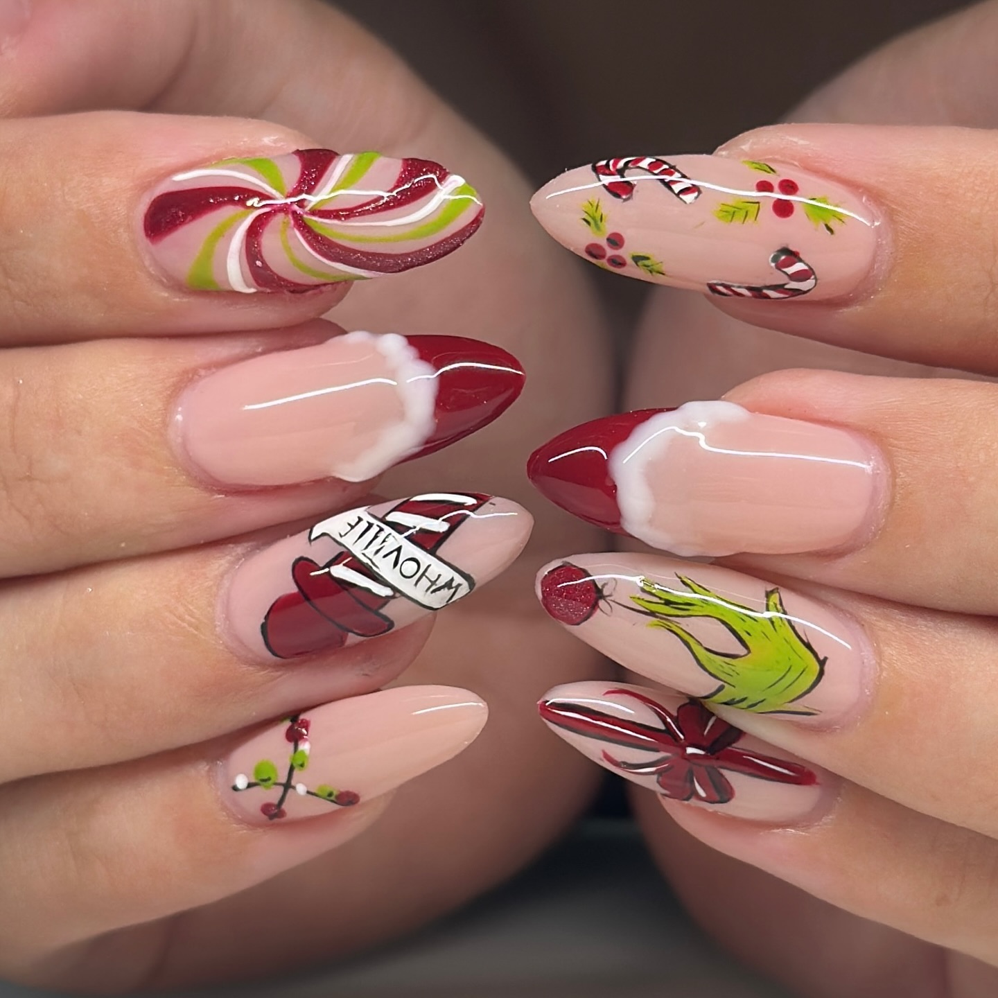 Whoville Grinch Christmas French Tip Nails