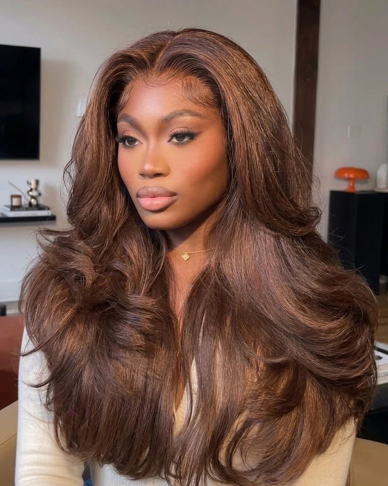 Chocolate Brown Wig With Long Layers And Side-Swept Bangs Chocolate Brown Wig With Long Layers And Side-Swept Bangs — Wig Hair