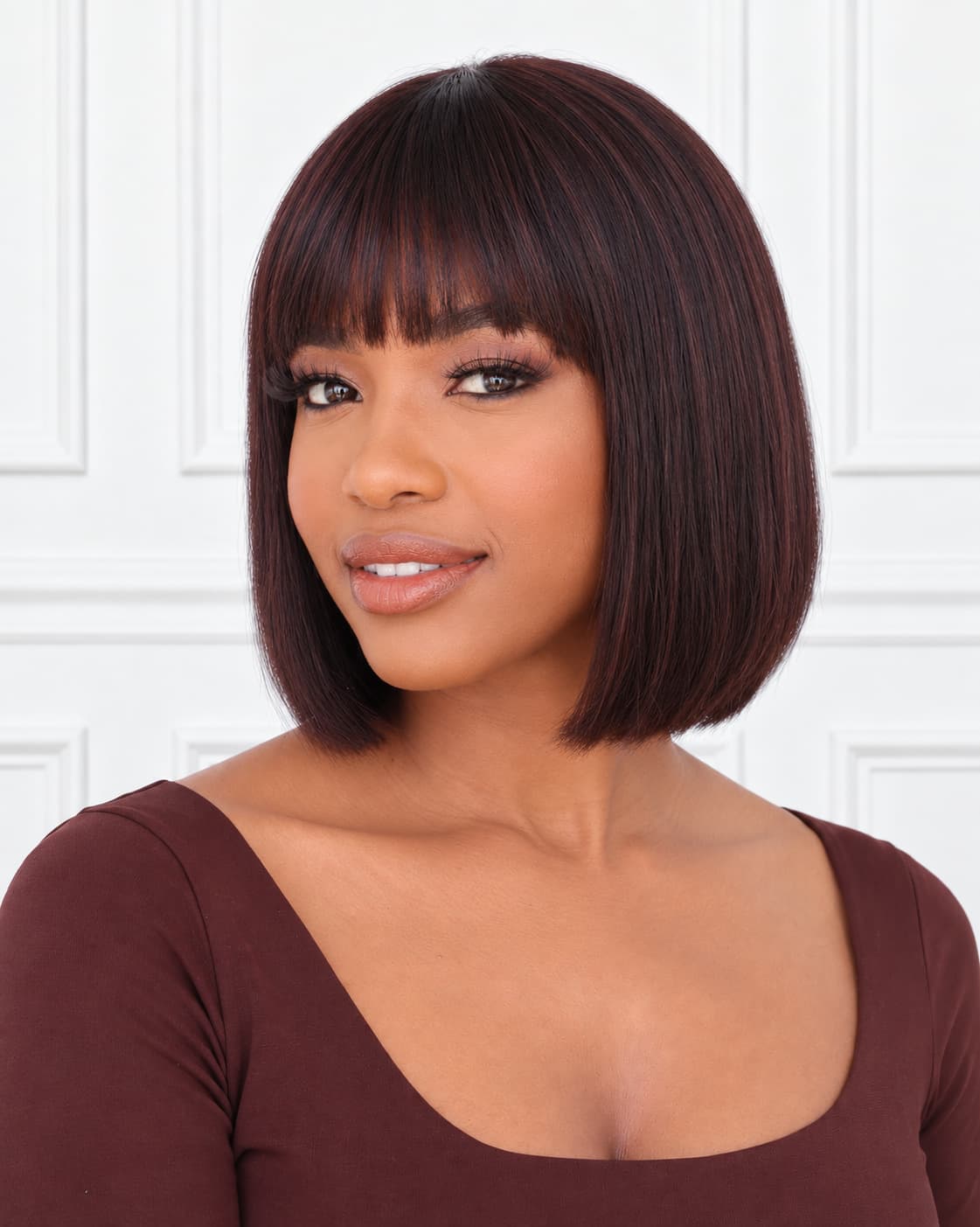 Dark Auburn Chin Bob With Curtain Bangs Dark Auburn Chin Bob With Curtain Bangs — Wig Hair