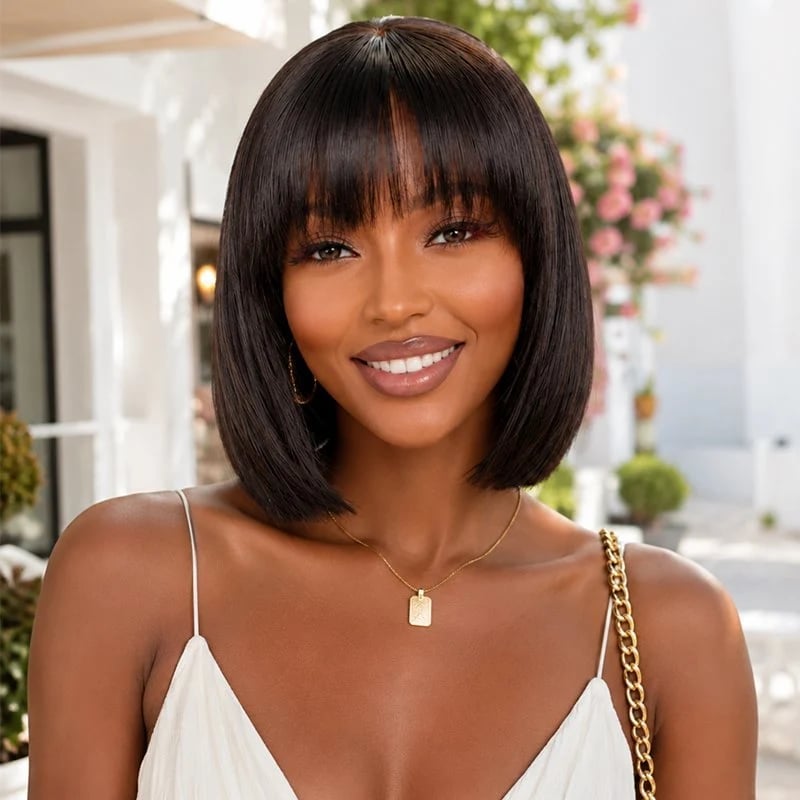 Sleek Black Chin Bob With Blunt Bangs Sleek Black Chin Bob With Blunt Bangs — Wig Hair