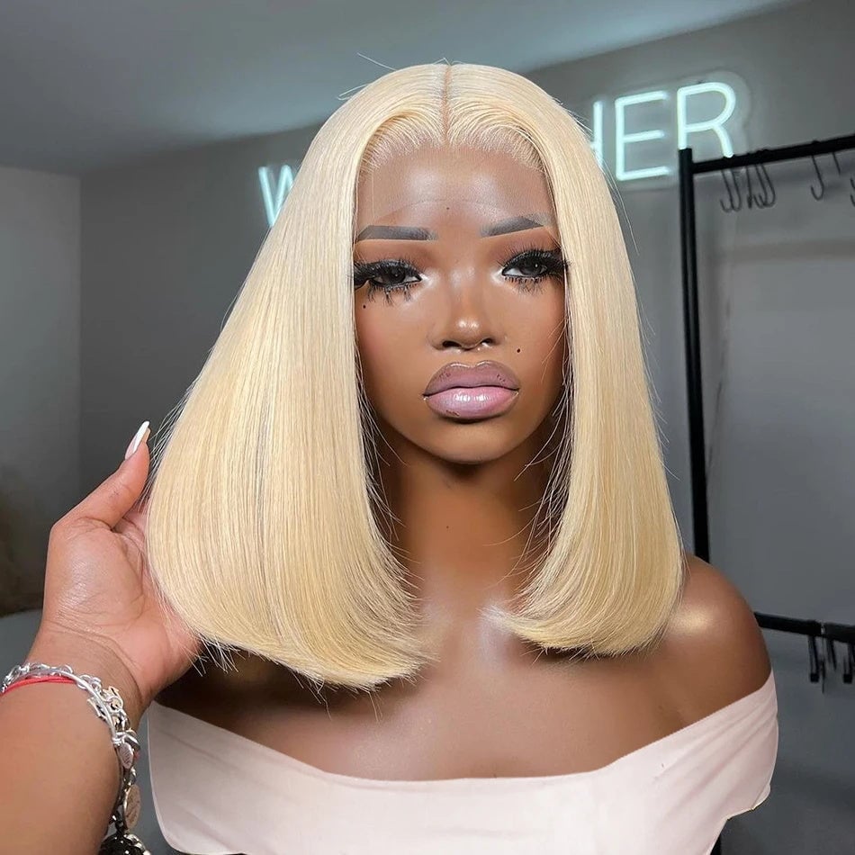 Sharp Blonde Chin Bob With No Bangs Sharp Blonde Chin Bob With No Bangs — Wig Hair