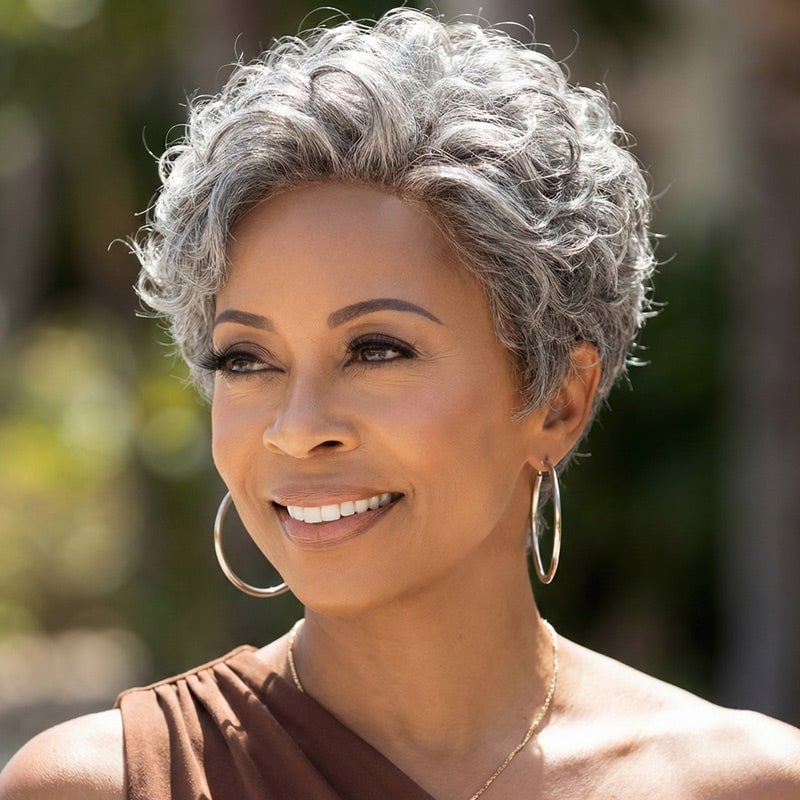 Salt and Pepper Curly Pixie With Short Bangs Salt and Pepper Curly Pixie With Short Bangs — Wig Hair