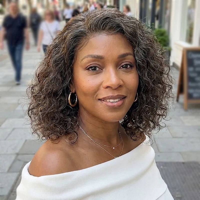 Dark Brown Bob With Gray Streaks Water Wave Dark Brown Bob With Gray Streaks Water Wave — Wig Hair