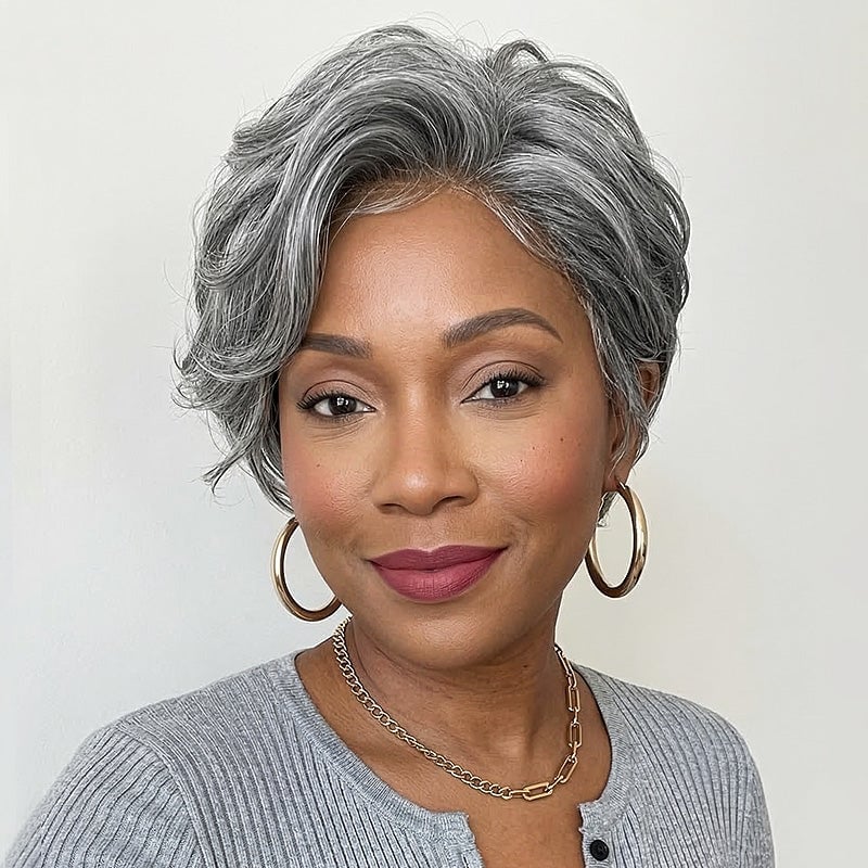 Salt and Pepper Wavy Pixie With Side-Swept Bangs Salt and Pepper Wavy Pixie With Side-Swept Bangs — Wig Hair