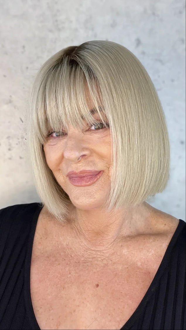 Ash Blonde Chin Bob With Blunt Bangs Ash Blonde Chin Bob With Blunt Bangs — Wig Hair