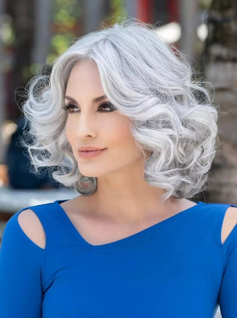 Medium Gray Collarbone Shag With Wispy Bangs Medium Gray Collarbone Shag With Wispy Bangs — Wig Hair