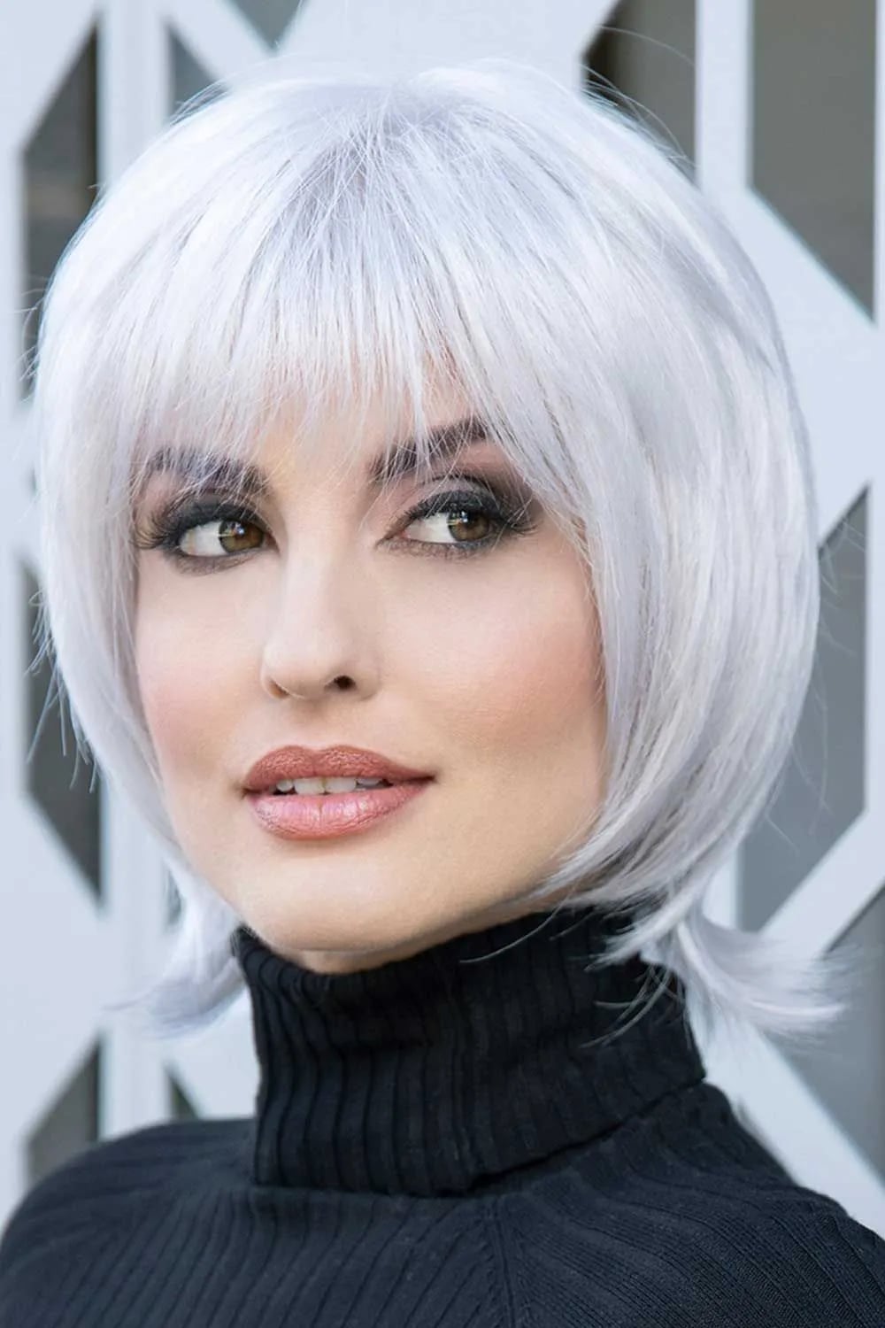 Short Bob With Bold Silver-White Blunt Bangs Short Bob With Bold Silver-White Blunt Bangs — Wig Styles