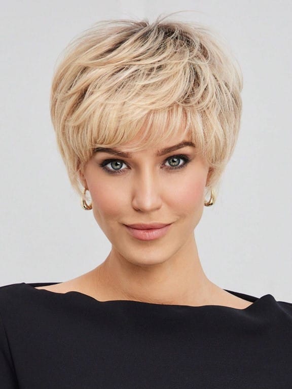 Blonde Layered Pixie With Swept Bangs Blonde Layered Pixie With Swept Bangs — Wig Styles