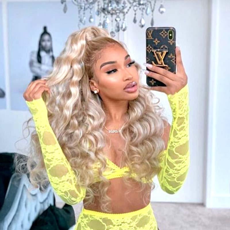Platinum Blonde Ponytail With Voluminous Curls Platinum Blonde Ponytail With Voluminous Curls — Wig Styles