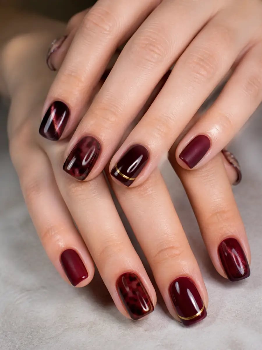 Tortoiseshell and Gold Stripe Short Square Nails Tortoiseshell and Gold Stripe Short Square Nails — Wine Nails