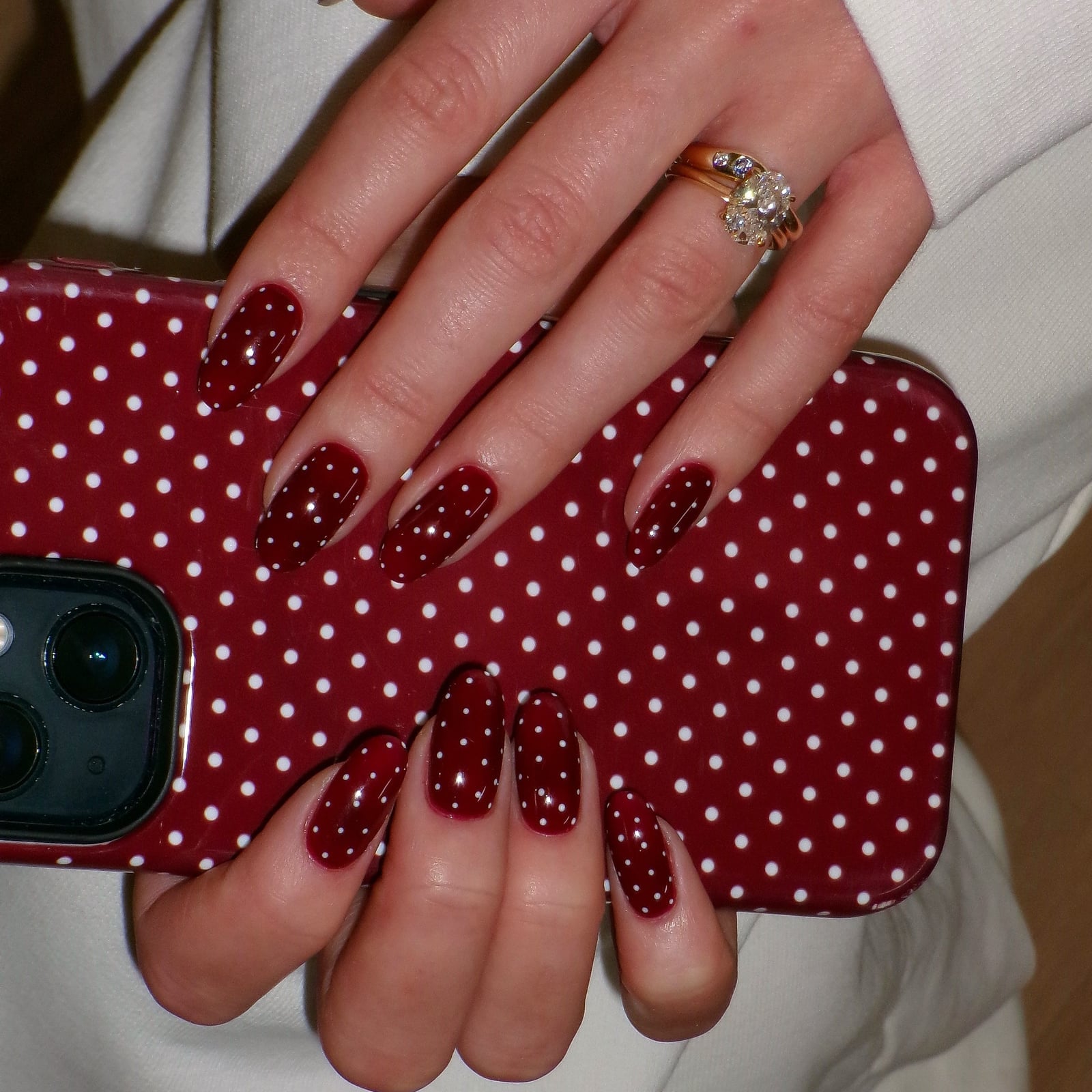 Burgundy White Polka Dot Medium Almond Nails Burgundy White Polka Dot Medium Almond Nails — Wine Nails