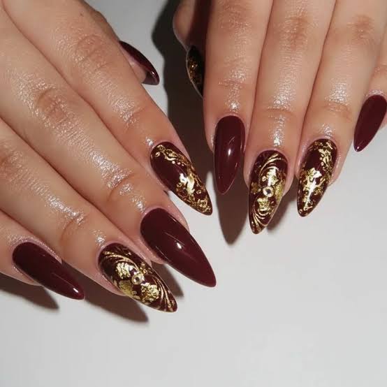Deep Burgundy Gold Foil Long Stiletto Nails Deep Burgundy Gold Foil Long Stiletto Nails — Wine Nails