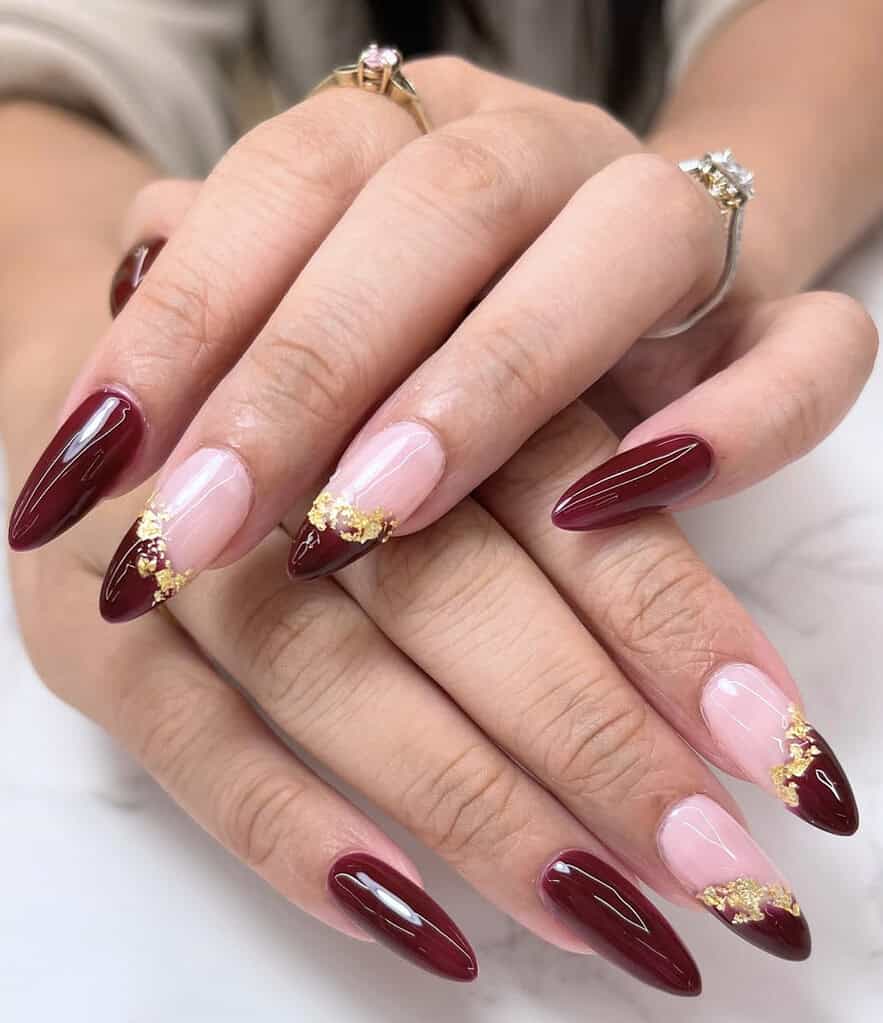 Long Sharp Wine Red Gold Foil Nails Long Sharp Wine Red Gold Foil Nails — Wine Nails