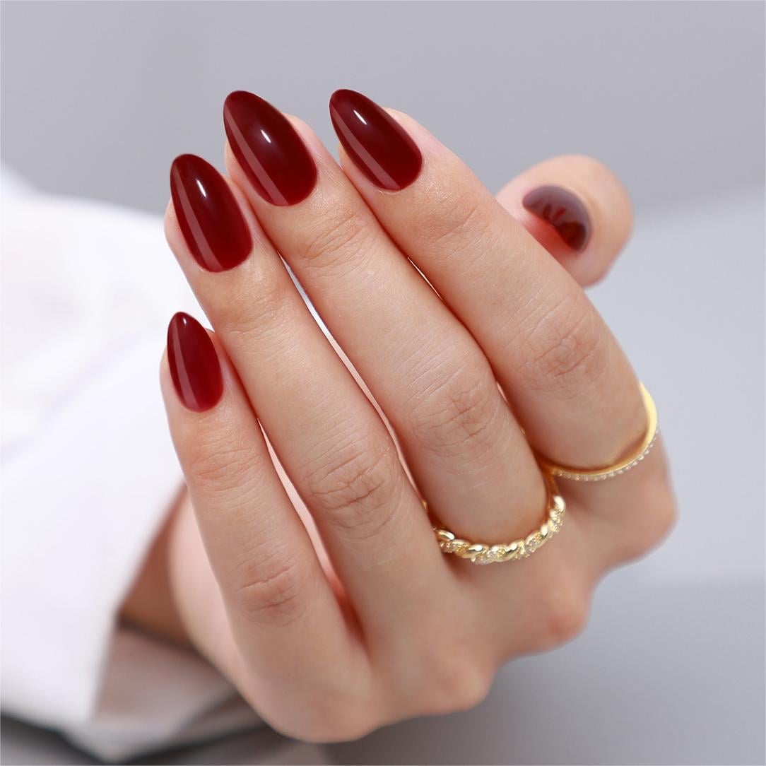Deep Red Glossy Short Almond Nails, Office-Safe Version Deep Red Glossy Short Almond Nails, Office-Safe Version — Wine Nails