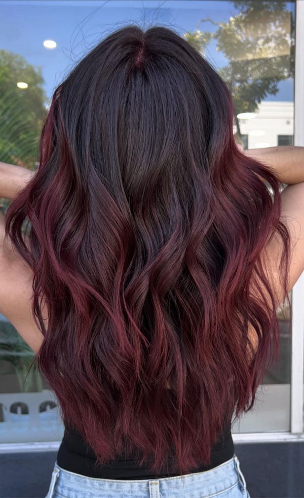 Dark Brown Base Wine Red Balayage Ombre Dark Brown Base Wine Red Balayage Ombre — Wine Red Hair