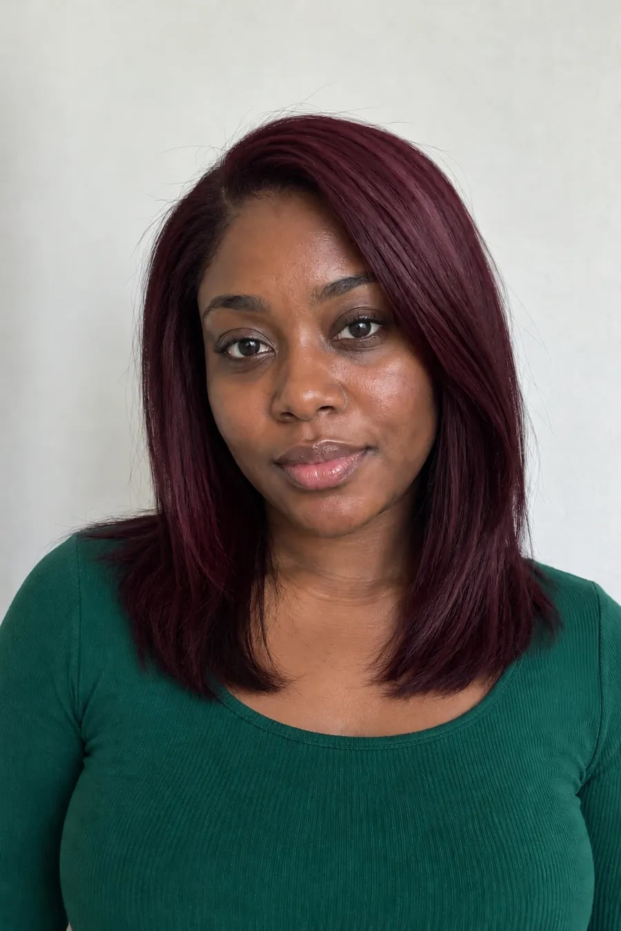 Collarbone Lob Burgundy Red Side Swept Bangs Collarbone Lob Burgundy Red Side Swept Bangs — Wine Red Hair