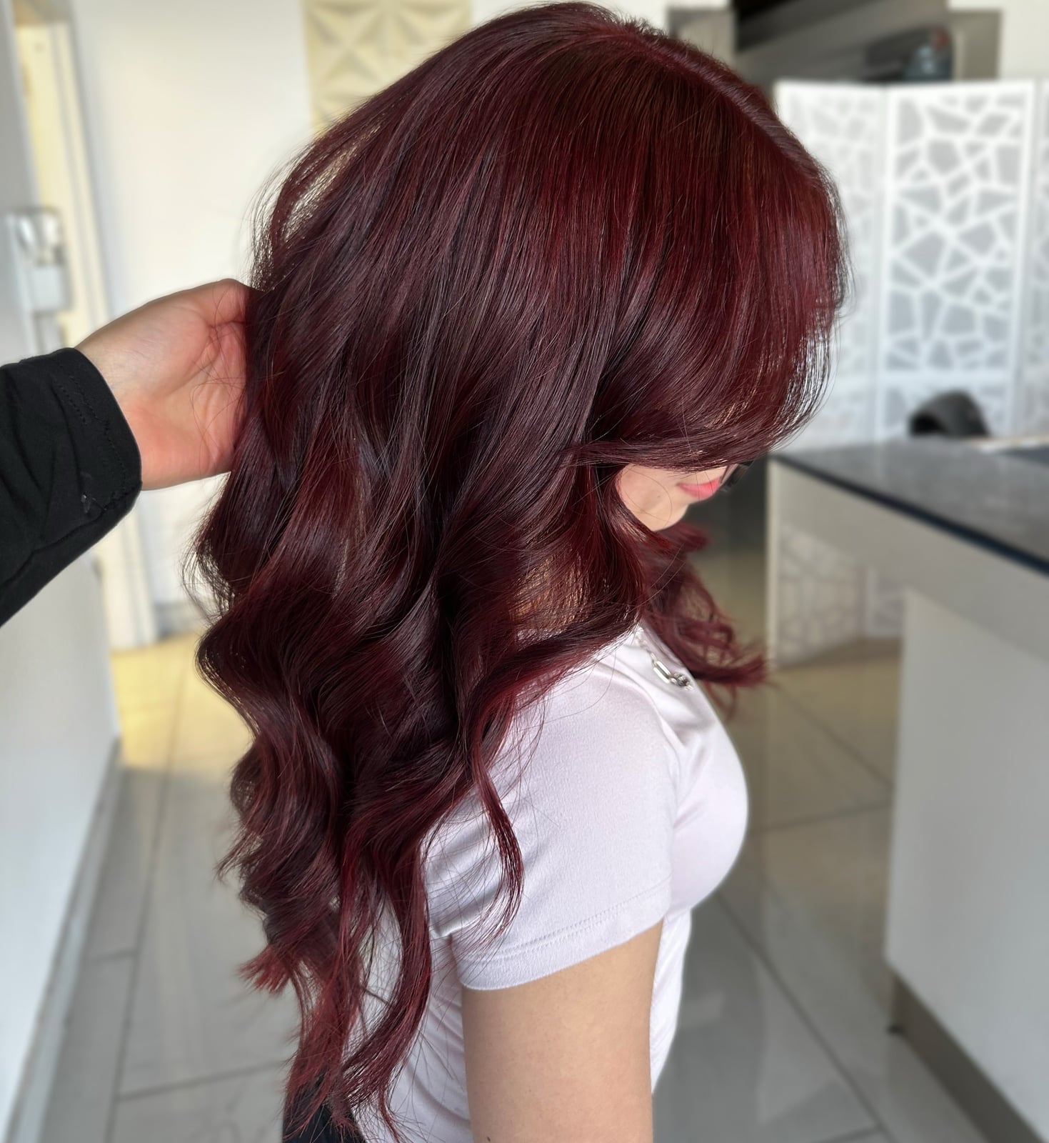 Mid-Back Glossy Wine Red With Lighter Tones Mid-Back Glossy Wine Red With Lighter Tones — Wine Red Hair