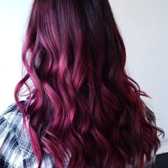 Mid-Back Wine Red Base With Lighter Highlights, Close-Up Take Mid-Back Wine Red Base With Lighter Highlights, Close-Up Take — Wine Red Hair