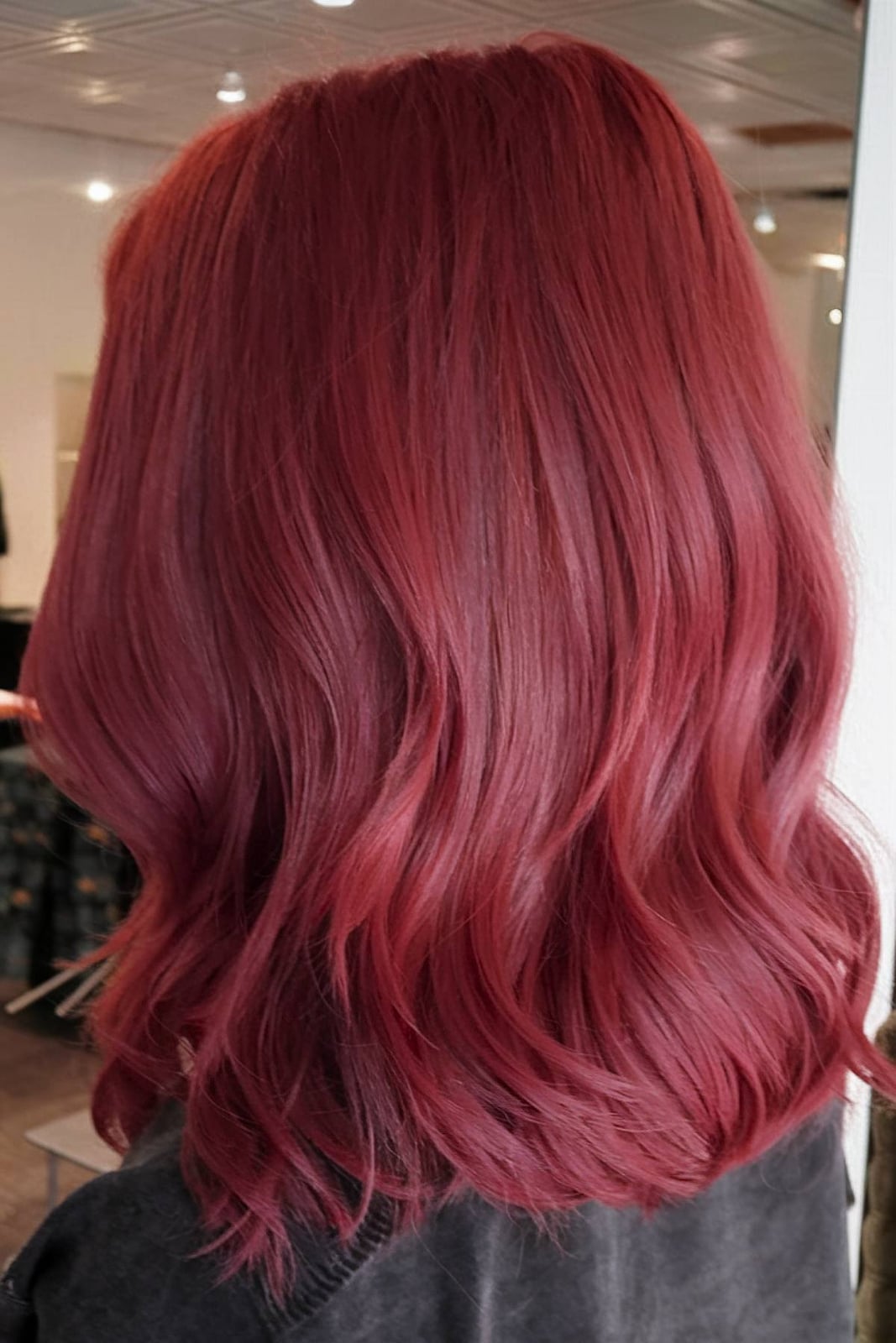 Shoulder Length Rich Wine Red Curls, Wavy Shoulder Length Rich Wine Red Curls, Wavy — Wine Red Hair
