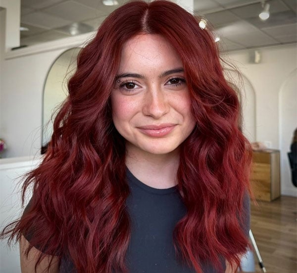 Collarbone Mulled Wine Red Curtain Bangs, Wavy Collarbone Mulled Wine Red Curtain Bangs, Wavy — Wine Red Hair
