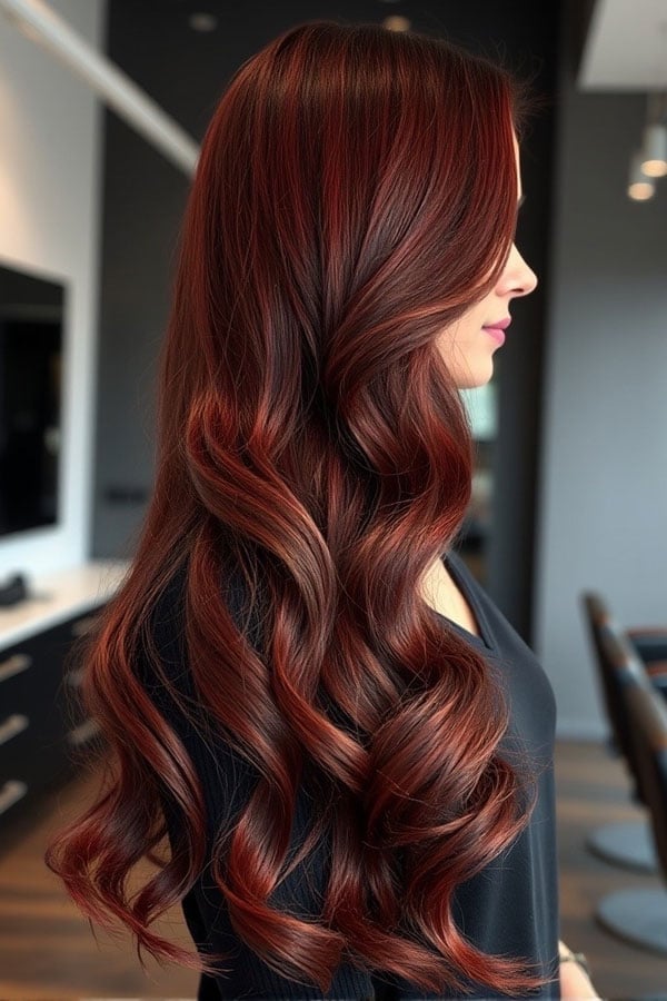 Rich Wine Red Curls With Side Parting Rich Wine Red Curls With Side Parting — Wine Red Hair