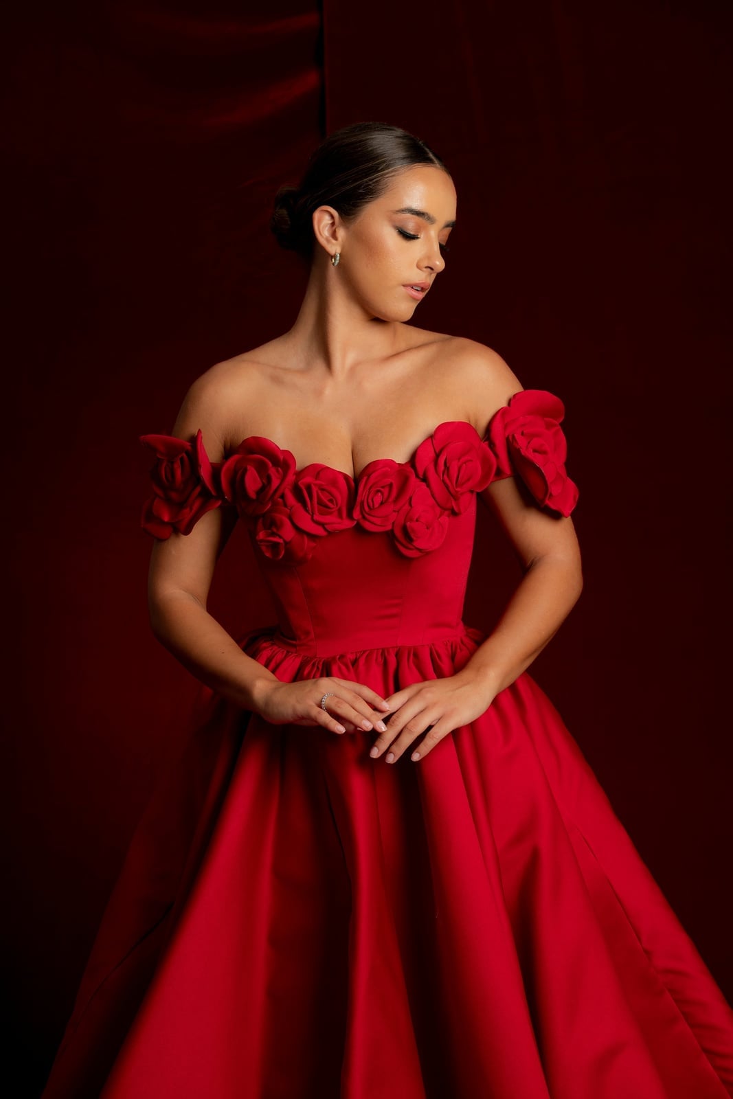 Red Satin Off-the-Shoulder Gown with Fabric Roses Red Satin Off-the-Shoulder Gown with Fabric Roses — Winter Formal