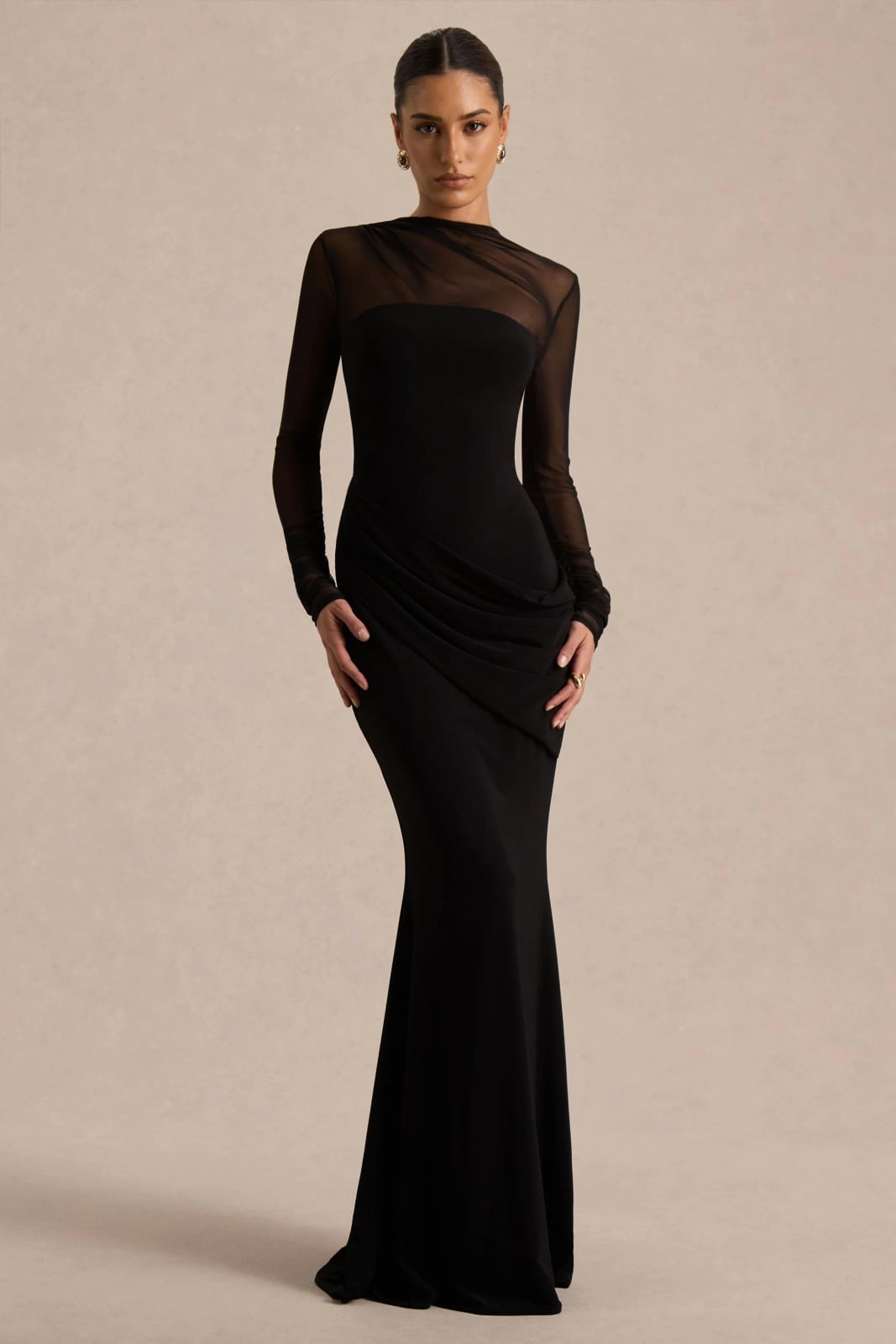 Black Velvet Dress with Sheer Mesh Neckline and Sleeves Black Velvet Dress with Sheer Mesh Neckline and Sleeves — Winter Formal