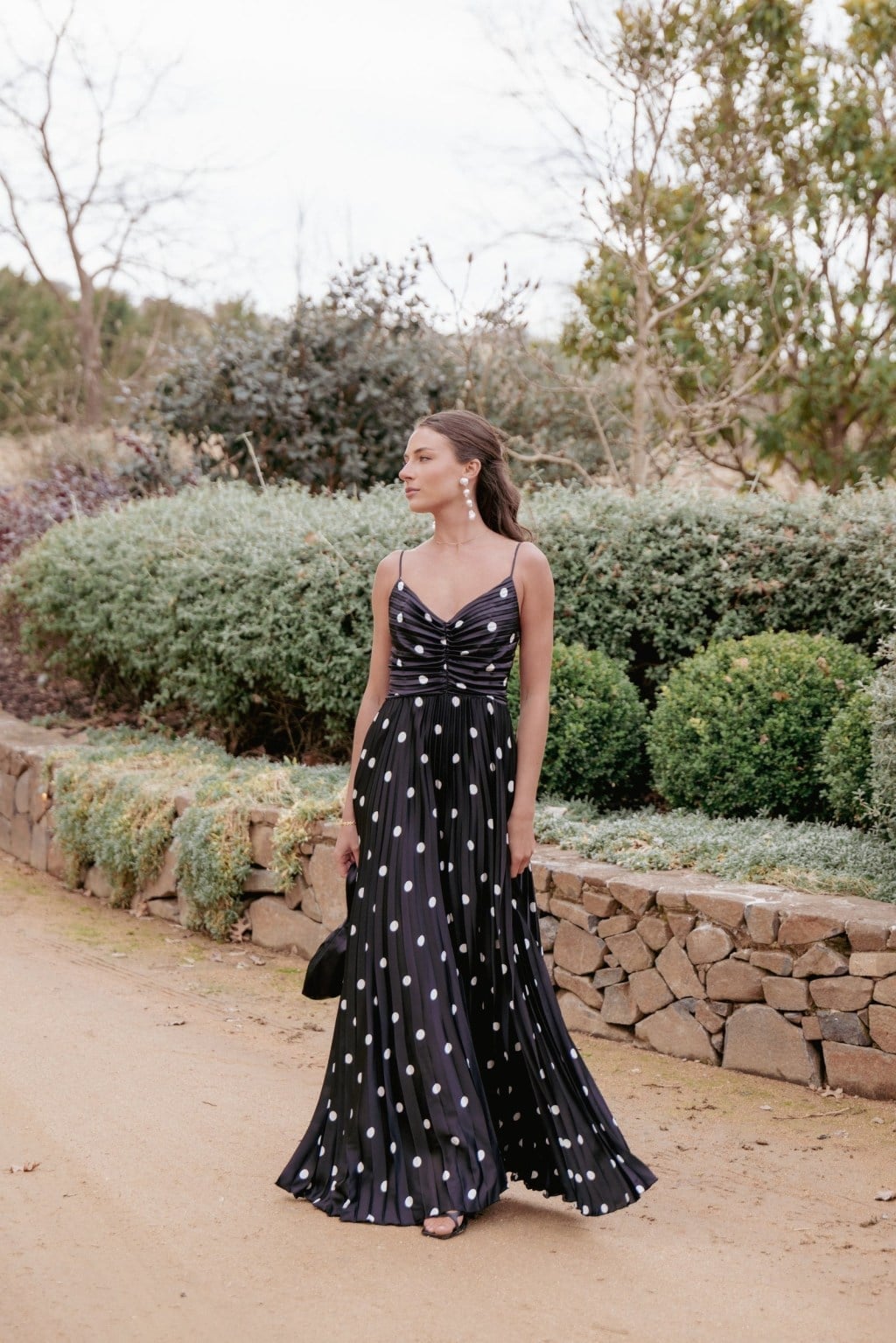 Navy and White Polka Dot Satin Dress with Pleated Skirt Navy and White Polka Dot Satin Dress with Pleated Skirt — Winter Formal