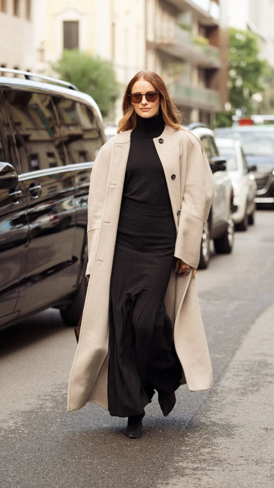 Beige Wool Coat Over Black Turtleneck and Maxi Skirt Beige Wool Coat Over Black Turtleneck and Maxi Skirt — Winter Formal