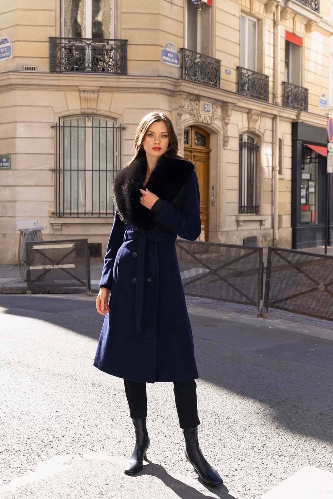 Navy Wool Coat with Faux Fur Collar and Belt Navy Wool Coat with Faux Fur Collar and Belt — Winter Formal