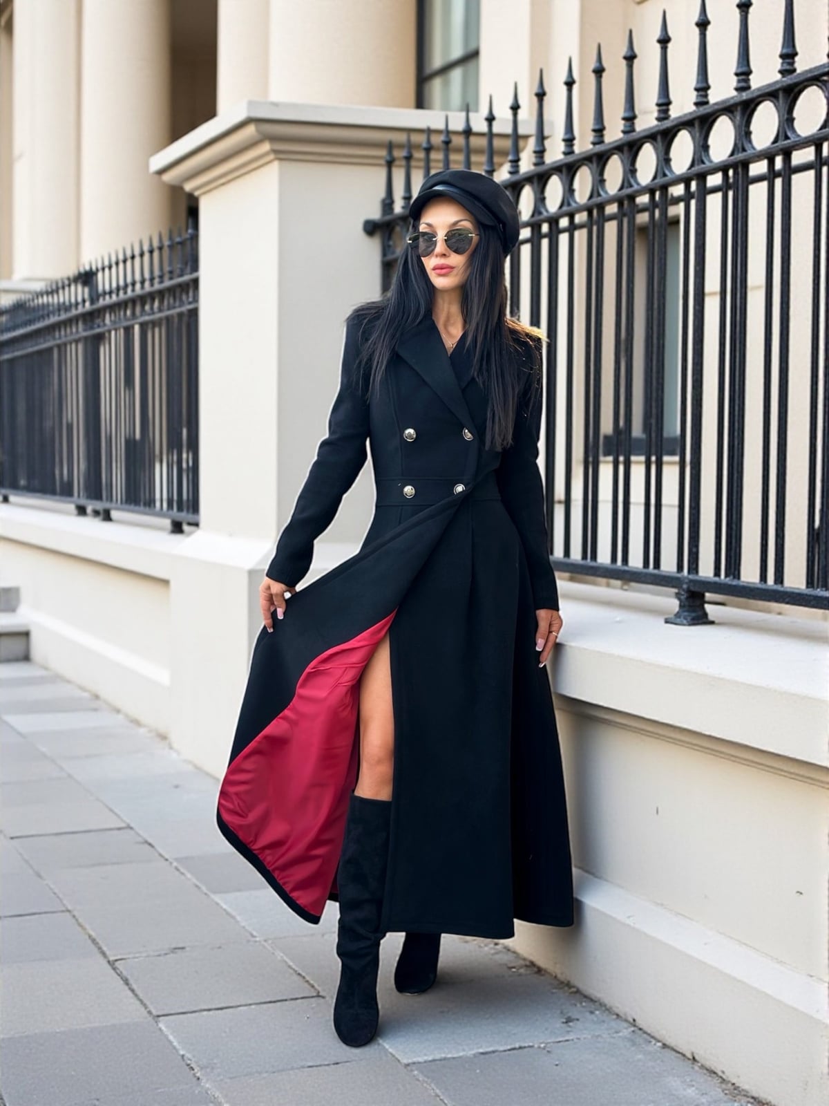 Black Double-Breasted Wool Coat with Red Satin Lining Black Double-Breasted Wool Coat with Red Satin Lining — Winter Formal