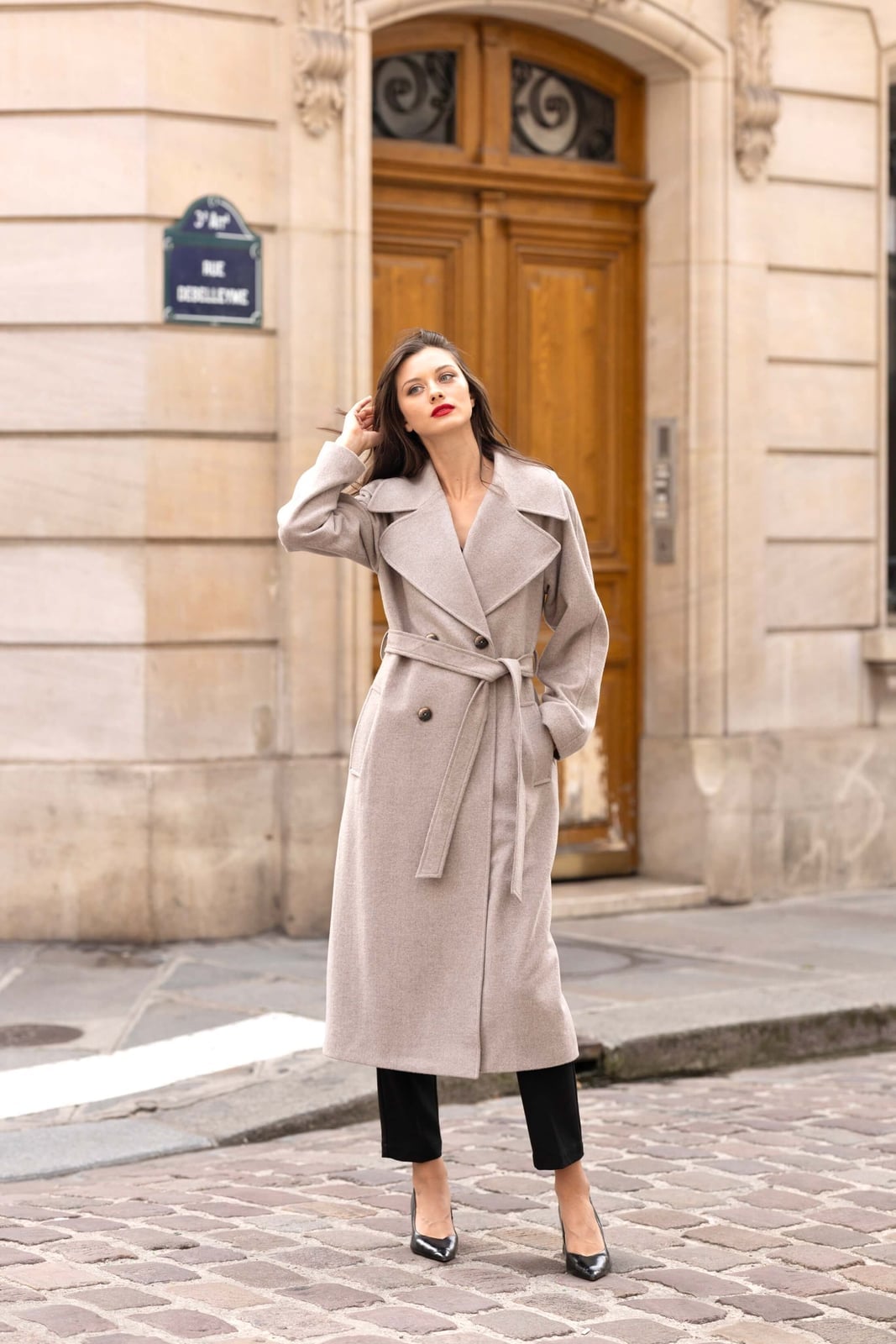Beige Belted Wool Blend Coat Over Black Trousers Beige Belted Wool Blend Coat Over Black Trousers — Winter Formal