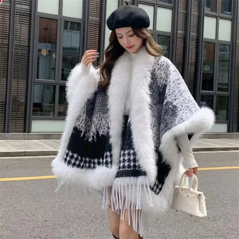 Black and White Faux Fur Wrap Shawl with Fringe Black and White Faux Fur Wrap Shawl with Fringe — Winter Formal