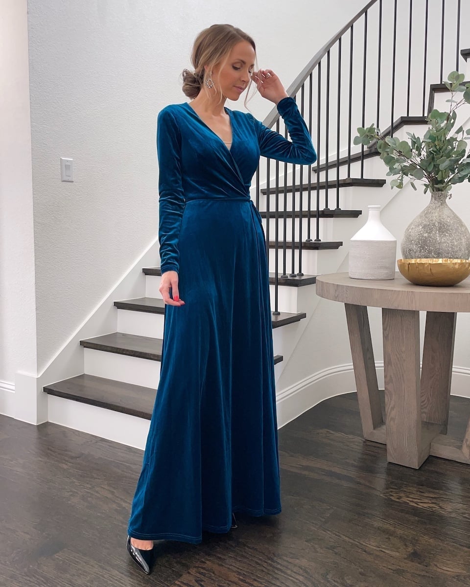 Teal Velvet Wrap Dress with A-Line Skirt Teal Velvet Wrap Dress with A-Line Skirt — Winter Formal