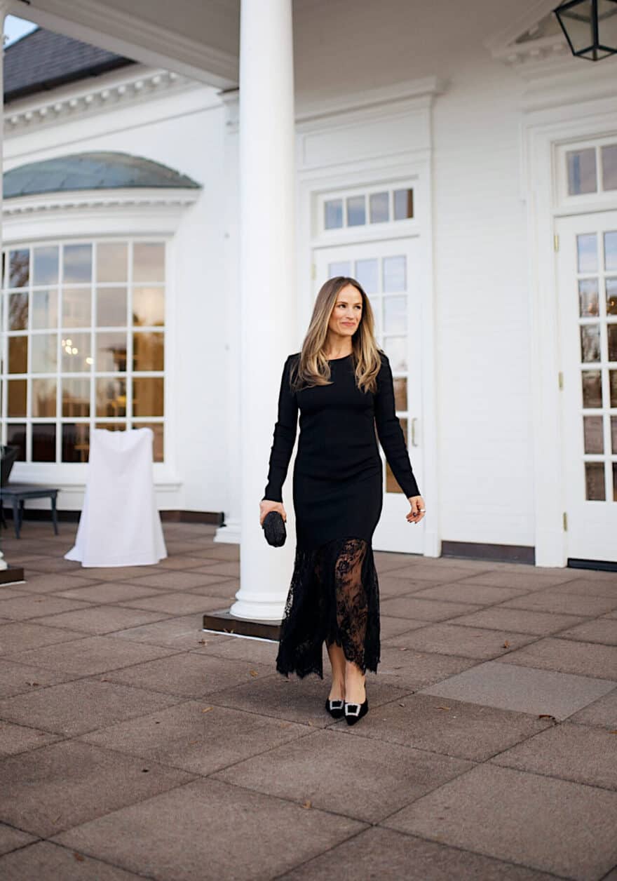 Black Long-Sleeve Dress with Lace Hem Detail Black Long-Sleeve Dress with Lace Hem Detail — Winter Formal