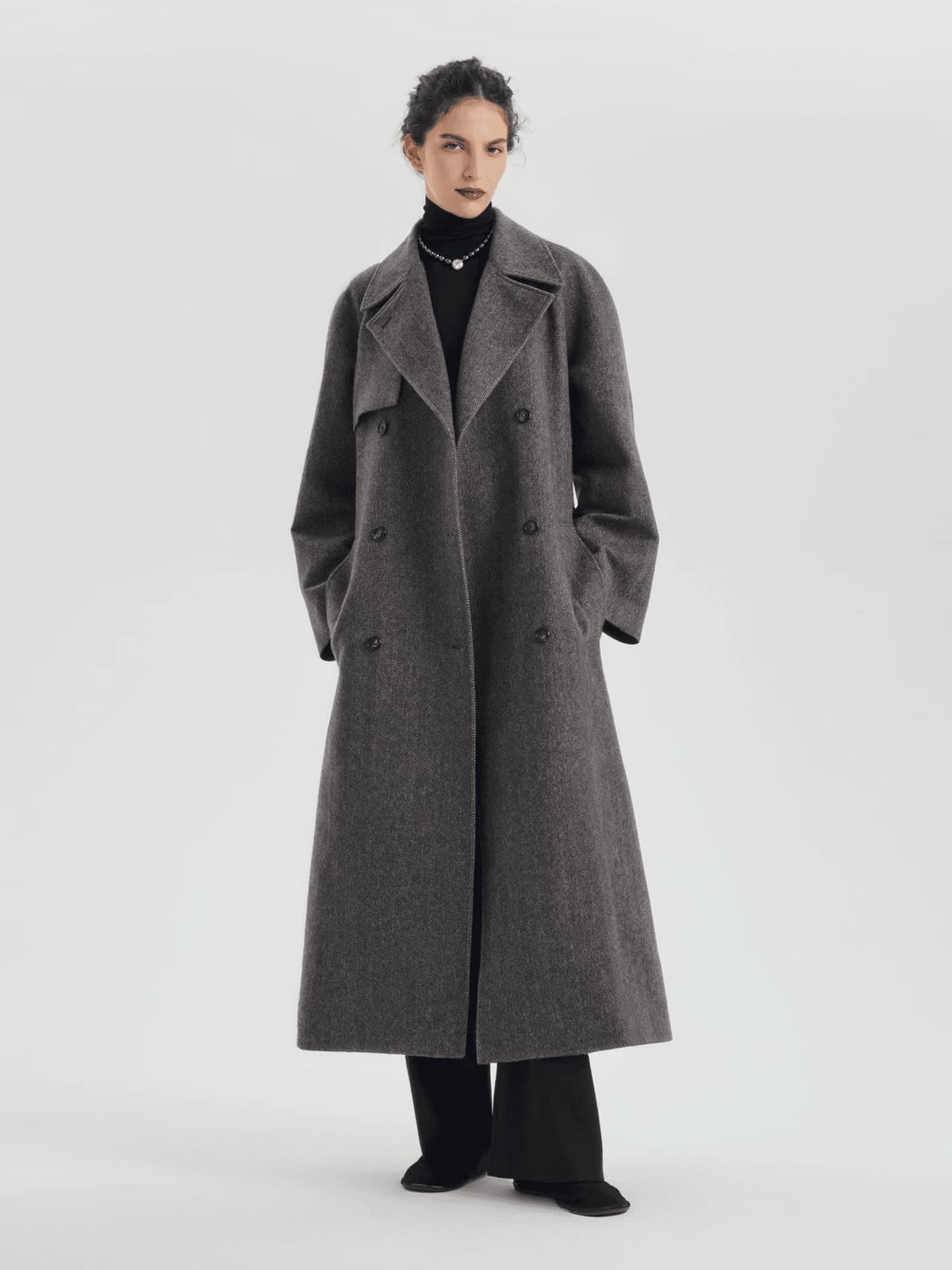 Gray Wool Blend Trench Coat Over Black Trousers, Silver Necklace Gray Wool Blend Trench Coat Over Black Trousers, Silver Necklace — Winter Formal