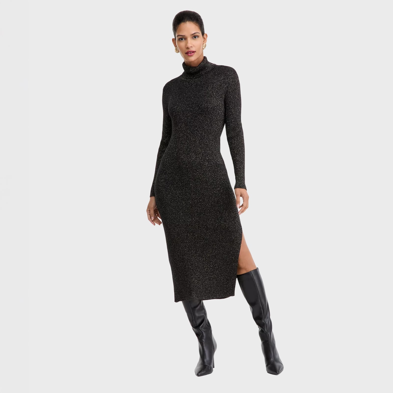 Sparkly Black Turtleneck Midi Dress with Knee-High Boots Sparkly Black Turtleneck Midi Dress with Knee-High Boots — Winter Formal