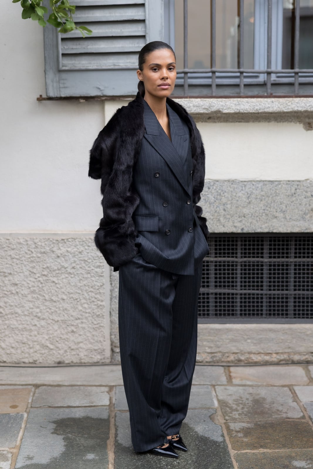 Dark Gray Pinstripe Suit with Faux Fur Stole Dark Gray Pinstripe Suit with Faux Fur Stole — Winter Formal