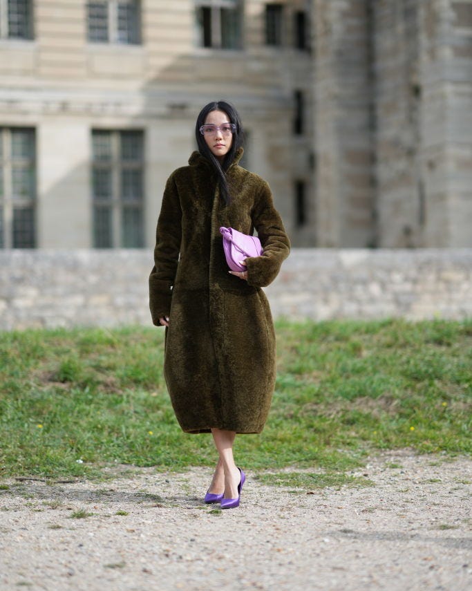 Olive Green Faux Fur Coat with Purple Heels Olive Green Faux Fur Coat with Purple Heels — Winter Formal