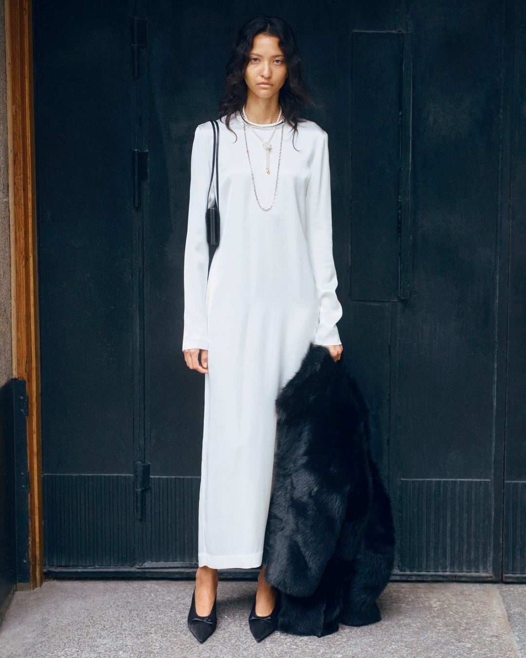 White Satin Dress with Black Faux Fur Coat White Satin Dress with Black Faux Fur Coat — Winter Formal