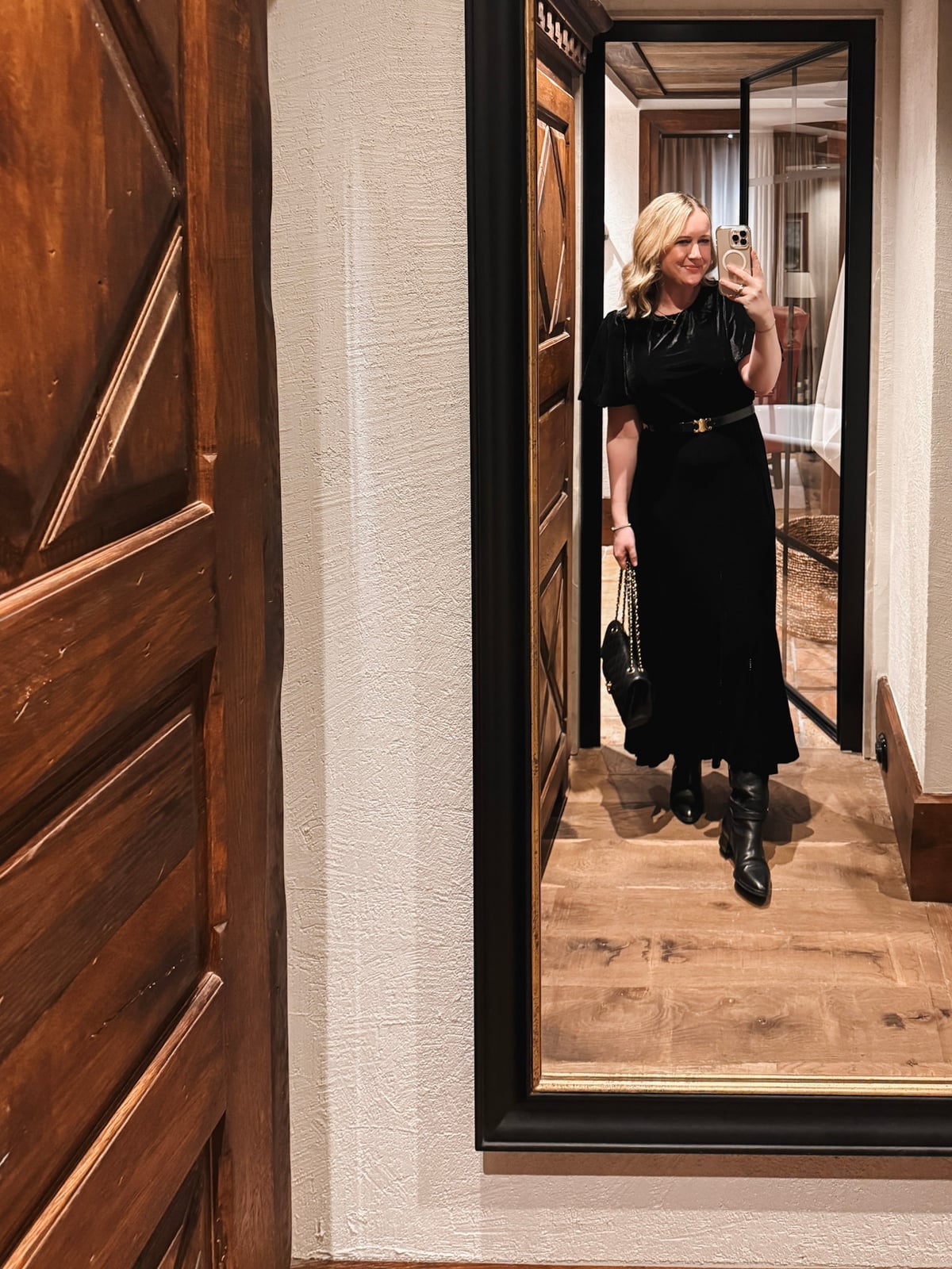 Black Velvet Midi Dress with Gold Belt and Boots Black Velvet Midi Dress with Gold Belt and Boots — Winter Formal