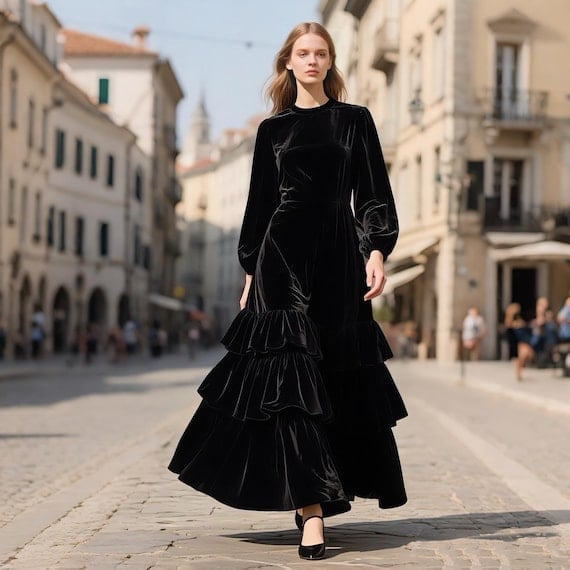 Black Velvet Maxi Dress with Tiered Ruffle Skirt Black Velvet Maxi Dress with Tiered Ruffle Skirt — Winter Formal